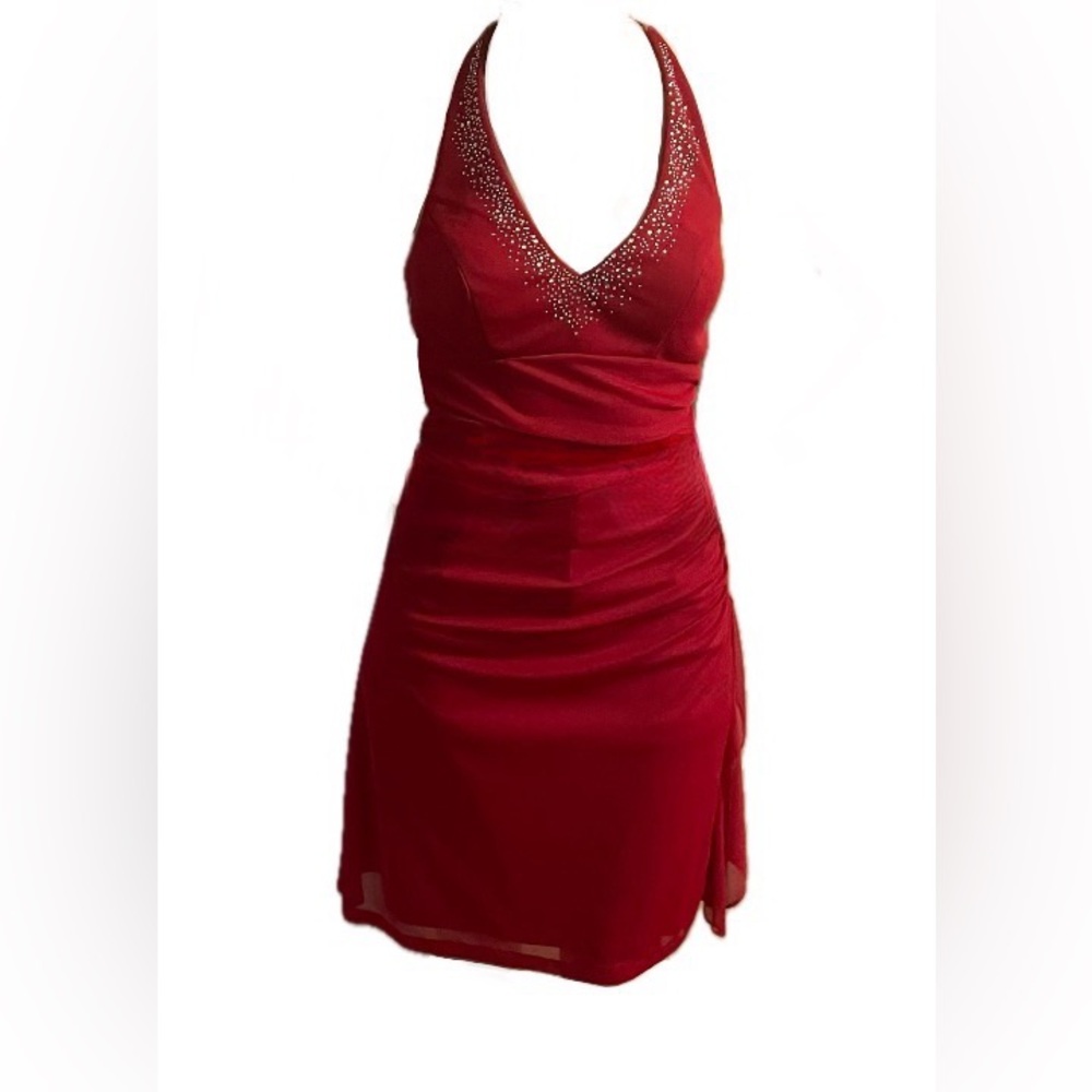 Red Knee Length Halter Dress